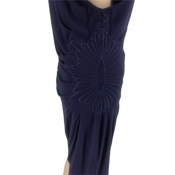 Catherine Maladrino Midi Sheath Dress L Cap Sleeve Embroidery Navy Blue Stretchy - Picture 6 of 9